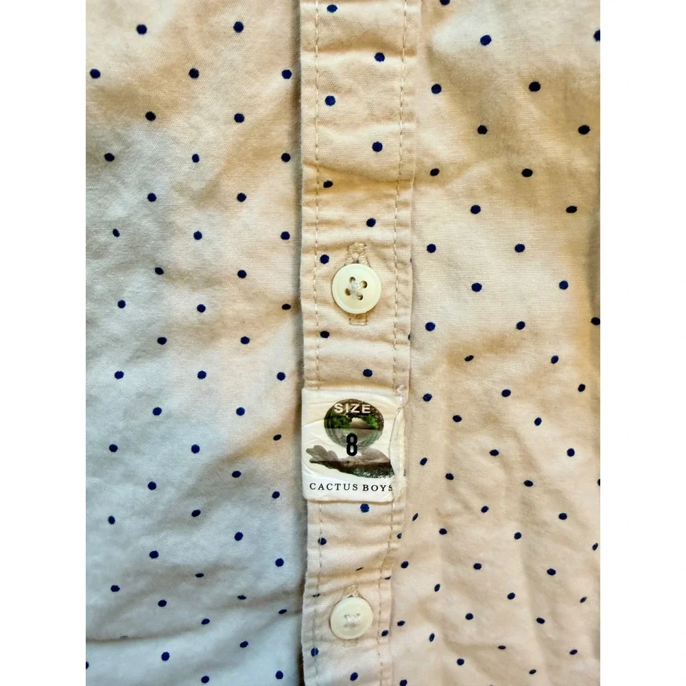 Cactus Boys Polka Dot Short Sleeve Button Down Shirt Cream Navy Blue Size 8
